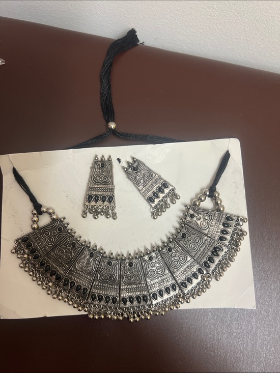 Jewelry - Oxidized Silver-Tone Statement Choker Necklace with Matching Earrings